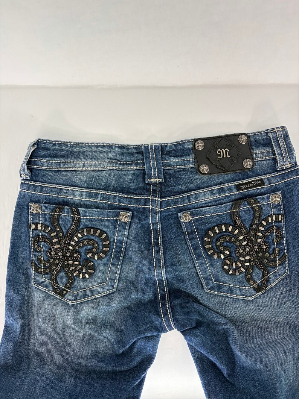 Miss Me Jeans Women's 28 Blue Bootcut Rhinestones Fleur De Lis Bling